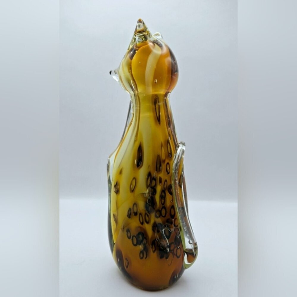Vintage 10" Blown Art Glass MCM Cat Figure Amber Leopard Spots - Picture 4 of 8